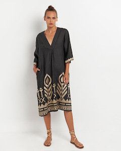 Clothing: Feather chevron V neck dress