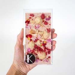 WHITE CHOCOLATE BAR WITH FREEZE DRIED RASPBERRY, LYCHEE AND ROSE