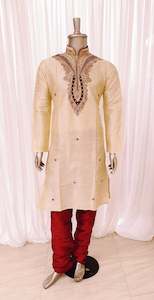 Cream & Red Mens Kurta Pyjama Set