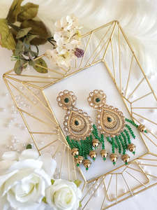 Emerald Green & Gold Chandelier Drop Pearl Earrings