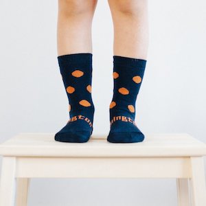 Lamington Kids Youths CREW Merino Socks Cannon Navy Orange Dots