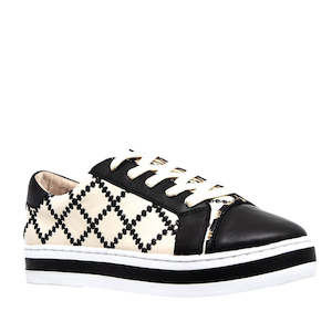 Shoe: Alfie & Evie Pleat Black Cream Leather Casual Shoe Platform