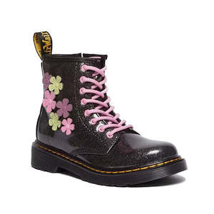 Dr Martens Kids - 1460 J Coated Glitter Black Boot Pink Flowers