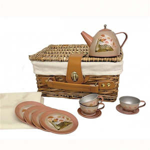 Cooking And Baking: Tin Tea Set Fawn in a Wicker Basket