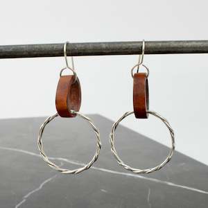 Brown antler silver twist circle earrings