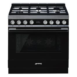 Household appliance: Smeg 90cm Portofino 6 Burner Pyrolytic Dual Fuel Freestanding Oven Black - CPF9GPBLA - Kitchen Things