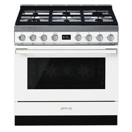 Smeg 90cm Portofino 6 Burner Pyrolytic Dual Fuel Freestanding Oven White - CPF9G…