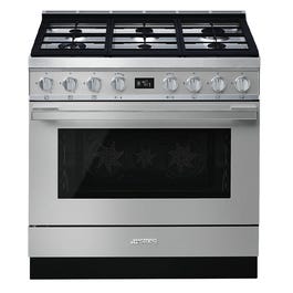 Smeg 90cm Portofino 6 Burner Pyrolytic Dual Fuel Freestanding Oven Stainless Ste…