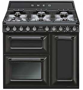 Smeg 90cm 6 Burner Dual Fuel Freestanding Oven Black Enamel Finish - TRA93BL - K…