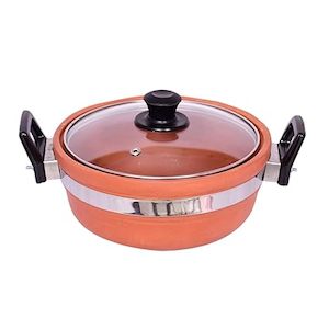 Kitchenware: Natural Mud Clay Karahi Medium-1Pc, with Handle and Glass Lid Terracotta Clay Pot