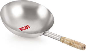 Kitchenware: Stainless steel wok kadai long wooden handle