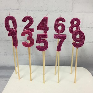 Cake: Long wooden pick candle Number 1 Pink Glitter