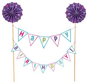 Happy Birthday Bunting cake pick topper Purple