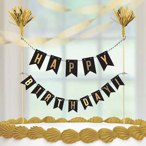 Happy Birthday Bunting cake pick topper Black & Gold