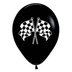 Cake: Black and white checkered flag racing car balloons