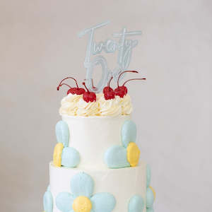 Cake: Light blue and silver OPAQUE LAYERED acrylic CAKE TOPPER Twenty one