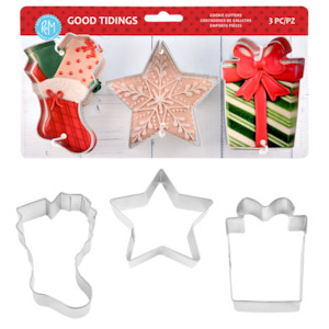 Christmas cookie cutter set 3 Good Tidings present stocking and star