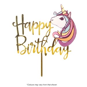 Cake: Unicorn Gold Happy birthday Acrylic cake topper