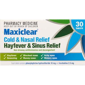 Chemist shop - pharmacy: Maxiclear Cold & Nasal Hayfever & Sinus Relief 30 Tablets