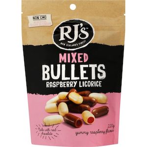 RJs Mixed Raspberry Licorice Bullets 220g