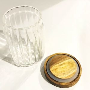 Internet only: Ribbed Glass Canister with Acacia Wood Lid *** CLEARANCE ***