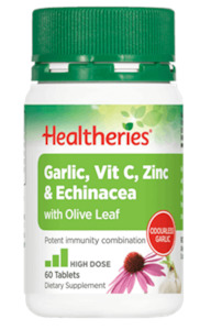 Healtheries Garlic, Vit C, Zinc & Echinacea with Olive Leaf 60 Tablets