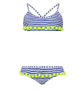 Girls Blue Stripe Pom Pom Bikini