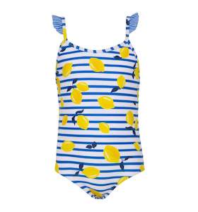 Infant clothing: GIRLS BLUE SICILIAN LEMON FRILL STRAP SWIMSUIT