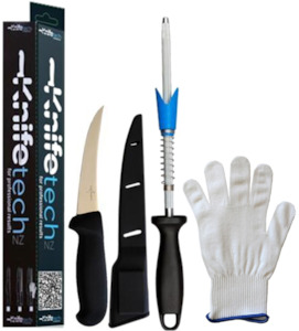 Boning or Sticking Knife, Sheath, VSharpener and Cut Resistant Glove Set