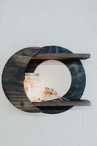 Double Moon Wooden Shelf: Dark Wood