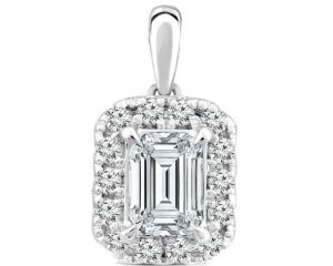 18ct White Gold Emerald Cut Lab Grown Diamond Halo Pendant