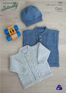 K381 Cabled Front Cardigan, Vest & Hat