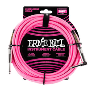 Ernie Ball Cable - 10ft Braided Straight / Angle Instrument Cable - Neon Pink