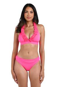 Island Goddess Ruffled Banded Halter Top - Bright Pink