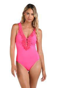 Island Goddess Ruffled V-Plunge One Piece - Bright Pink