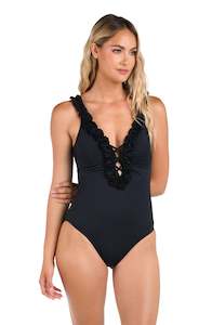 Island Goddess Ruffled V-Plunge One Piece - Black