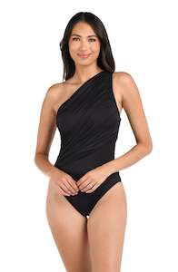 Island Goddess Shirred One Shoulder One Piece - Black