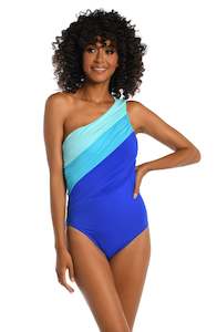 Island Goddess Shirred One Shoulder One Piece - Ice Blue