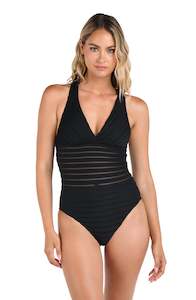 Fluid Lines Multi-Strap Cross-Back One Piece w/ Mesh Detail - Black