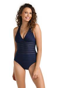 Fluid Lines Multi-Strap Cross-Back One Piece w/ Mesh Detail - Indigo