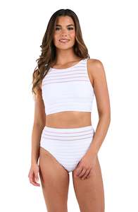 Tops Swimsuits: Fluid Lines High-Neck Midline Top w/Mesh Details -  White