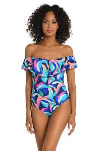 Painted Leaves Off Shoulder Ruffle One Piece