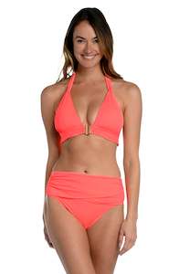 Island Goddess Shirred Strap Halter Bra Top - Hot Coral