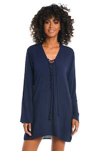 Group Lace Up Tunic: Beachcomber Basics Lace Up V-Neck Tunic - Indigo