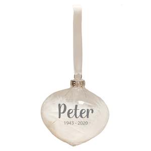 Personalised Feather Tear Drop Bauble White 9cm