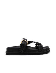 Footwear: Aki Braided Slide - Black/Gold