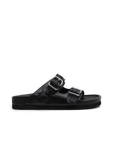 Footwear: Buckle Sandal - Black Woven/Silver