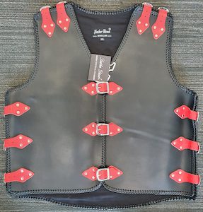 Leather clothing: Black Leather Vest with Red Straps