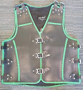 Thick Black Leather Vest With Green Trim