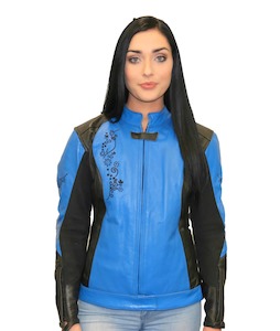 Ladies Blue/Black Embroidered Motorcycle Leather Jacket